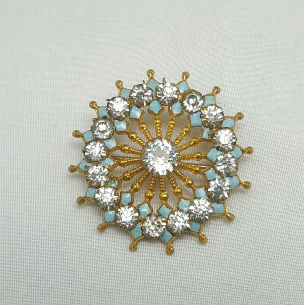 Antique Rhinestone & Blue Enamel Star Burst Brooch